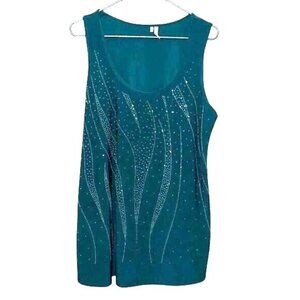 Teal Sleeveless Tank Top With Rhinestone Design Studio Y XL Polyester/Spandex